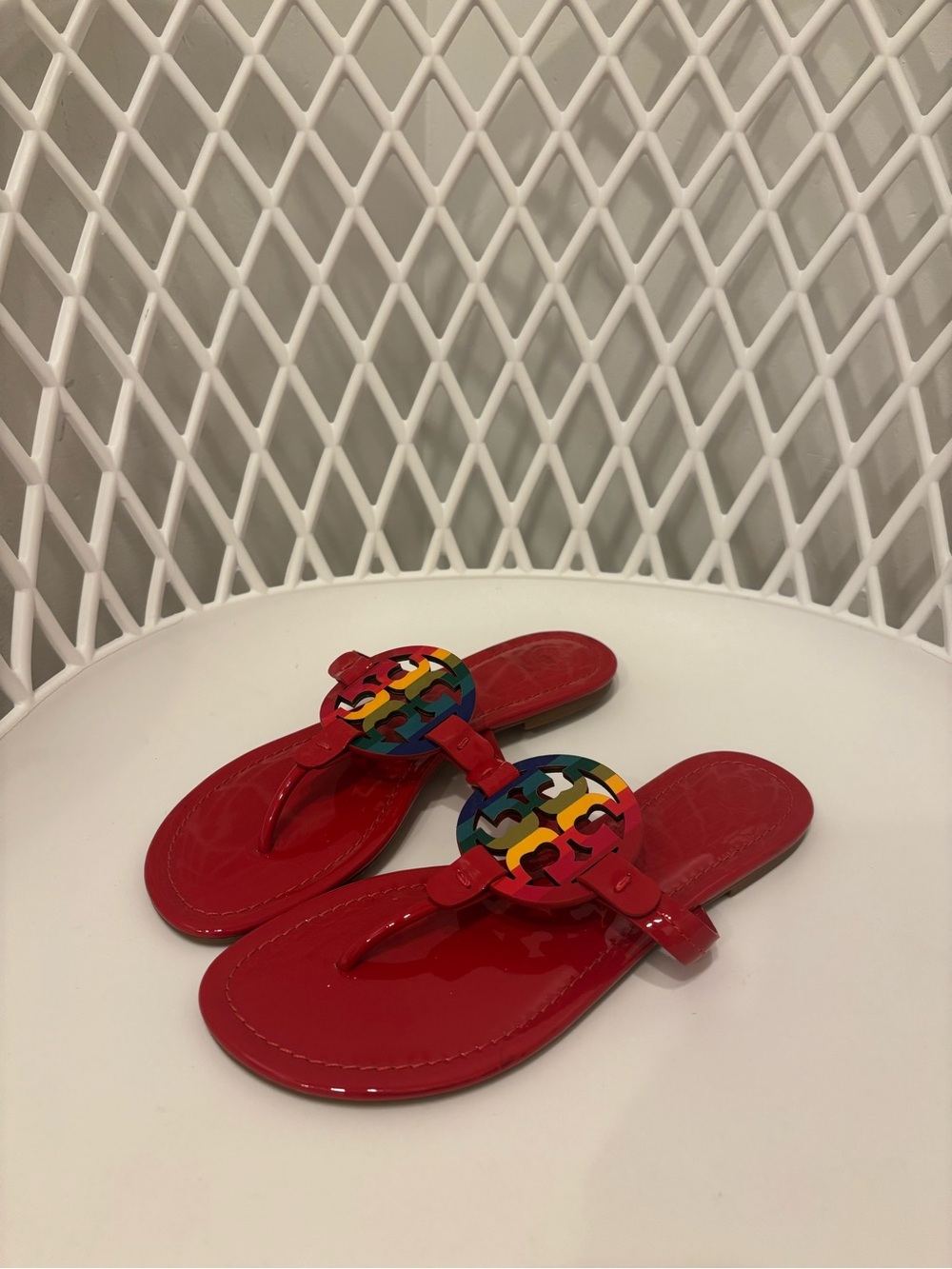 Tory Burch Red Patent Leather Thong Sandals with Multicolor Logo Medallions